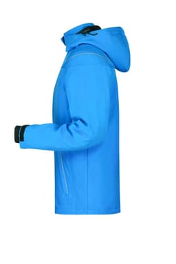 A vibrant blue men's winter softshell jacket with a hood and black cuffs. Features a logo on the sleeve.