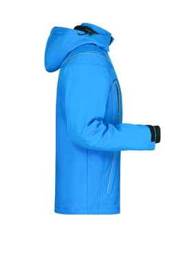 A blue men's softshell jacket features a hood and a zippered pocket on the front. It has a logo on the sleeve.