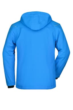 A men's winter softshell jacket in vibrant blue, featuring a hood and a sleek design. Includes a logo on the back.