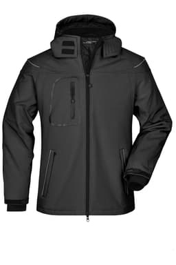 A men's winter softshell jacket in black, featuring a hood and multiple pockets, including a zippered chest pocket.