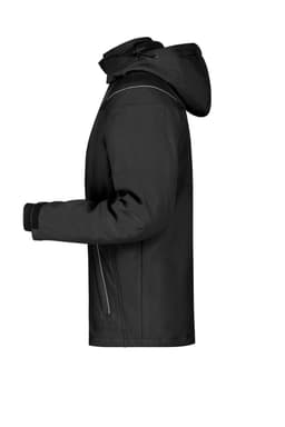 A black men's winter softshell jacket featuring a hood and side zippers, with a fitted design and elastic cuffs.