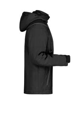 A black men's softshell jacket featuring a hood and zippered pockets, shown from the side. The jacket has a logo.