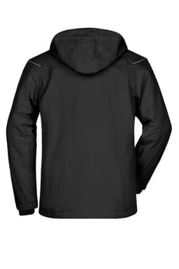 A men's winter softshell jacket in black, featuring a hood and a branded logo.