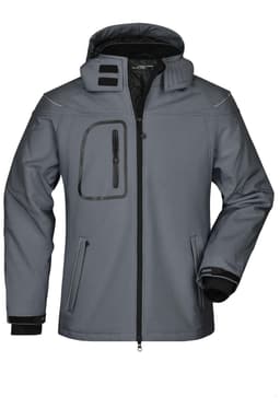 A grey men's winter softshell jacket featuring a hood, zippered pockets, and elastic cuffs.