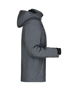 A grey men's winter softshell jacket featuring a hood and side pockets, with a logo on the sleeve.