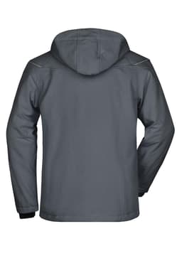 A men's winter softshell jacket in grey, featuring a hood and a back view showing the design and stitching.