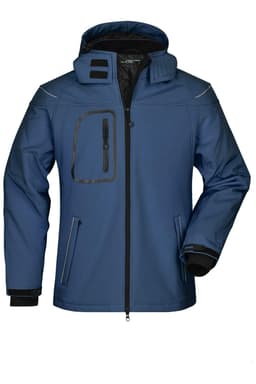 A men's winter softshell jacket in blue, featuring a hood and zippered pockets, with black detailing and a logo.