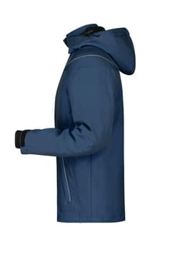 A men's winter softshell jacket in navy blue with a hood and zippered pockets. Features a logo on the arm.