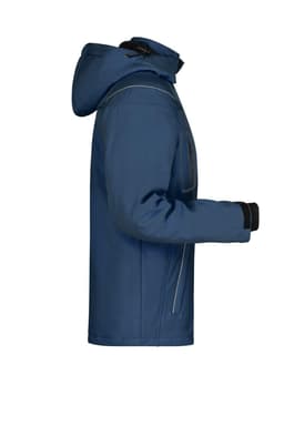 A blue men's winter softshell jacket featuring a hood and zippered pockets, with a black elastic cuff detail.