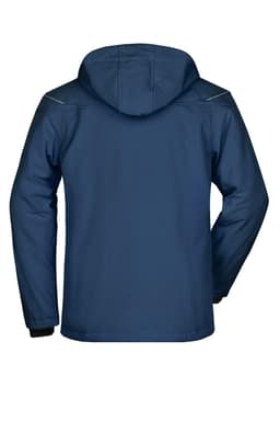 A navy men's winter softshell jacket featuring a hood and a smooth back design. It has a logo on the back.