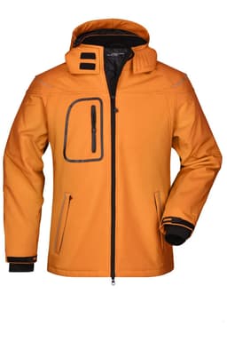 An orange men's winter softshell jacket featuring a hood, zippered front, and one zippered chest pocket.
