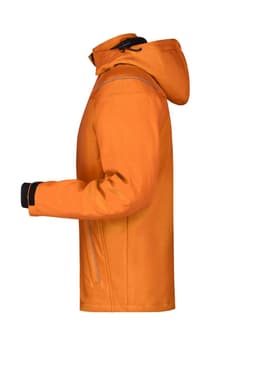 An orange men's winter softshell jacket with a hood, featuring a side view and black cuffs.