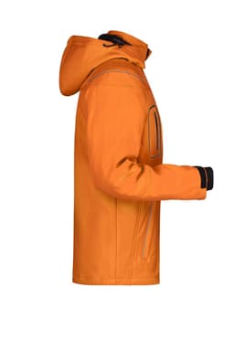 An orange men's winter softshell jacket with a hood, featuring a zippered pocket and black cuffs.
