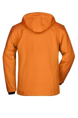 A men's winter softshell jacket in orange with a hood, featuring a logo on the back.