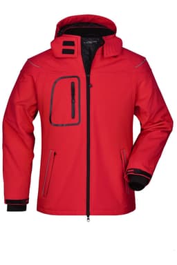 A red men's winter softshell jacket with a zippered pocket, featuring a hood and contrasting black details.