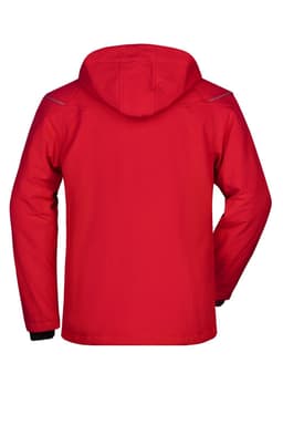 A red men's winter softshell jacket featuring a hood and a logo on the back.