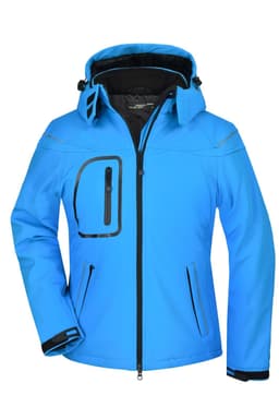 A blue ladies' softshell jacket featuring a hood, zippered pockets, and a sleek design. It has a logo on it.