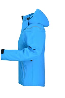 A ladies softshell jacket in vibrant blue with a hood, featuring a side view and adjustable cuffs.