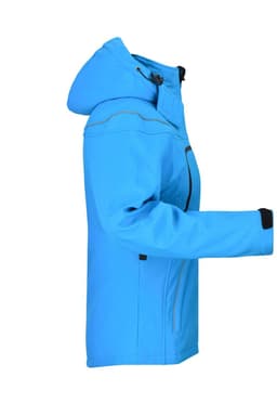 A ladies' winter softshell jacket in bright blue, featuring a hood and side pockets. Includes a logo on the sleeve.