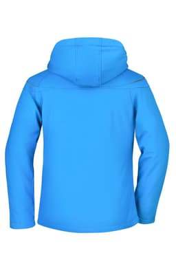 A softshell jacket in bright blue, featuring a hood and long sleeves. It has a logo on the back.
