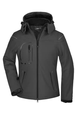 A ladies' winter softshell jacket in black, featuring a hood and multiple zippered pockets, with a subtle logo.