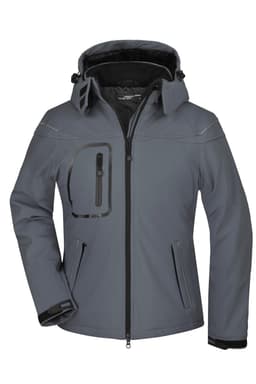 A grey ladies winter softshell jacket featuring a hood and multiple pockets, with a sleek design and a logo.