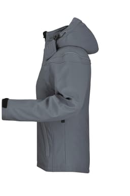 A grey ladies winter softshell jacket with a hood, featuring zippered pockets and a logo on the sleeve.