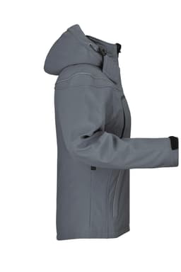 A grey ladies' softshell jacket with a hood, featuring side pockets and a logo on the sleeve.