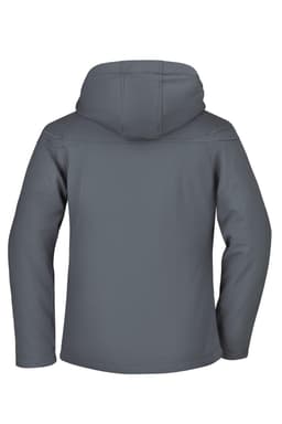 A grey ladies winter softshell jacket featuring a hood and a sleek, minimalist design. The jacket has a logo.