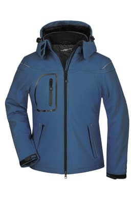 A blue ladies' winter softshell jacket featuring a hood, zippered pockets, and a logo on the chest.