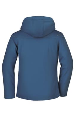 A blue ladies winter softshell jacket featuring a hood and a logo on the back.