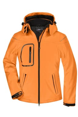 An orange ladies' winter softshell jacket with a hood and zippered pockets, featuring black accents and a logo.
