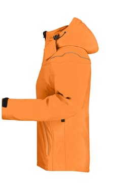 An orange Ladies Winter Softshell Jacket with a hood, featuring a side view and adjustable elements.