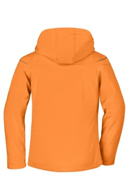 An orange ladies winter softshell jacket featuring a hood and a logo on the back.