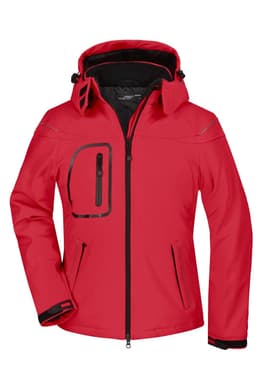 A red softshell jacket with a front zip and hood, featuring a chest pocket and black accents.