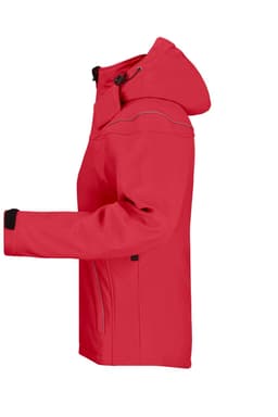 A bright red ladies winter softshell jacket with a hood and side zipper pockets, featuring a logo.