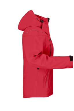 A ladies softshell jacket in bright red with a hood and black accents, featuring a logo.
