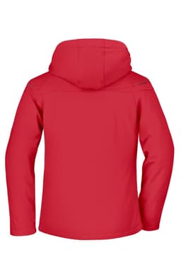 A red ladies softshell jacket featuring a hood and branding on the back.