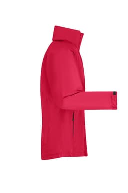 A vibrant red men's outer jacket, featuring a zip closure and a logo, displayed from the side.