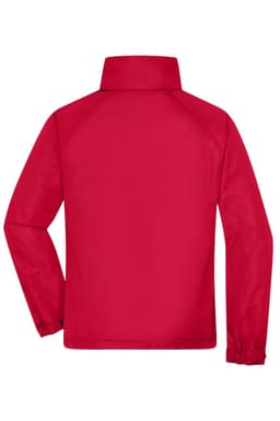 A red men's outer jacket with a high collar and long sleeves, featuring a logo on the back.