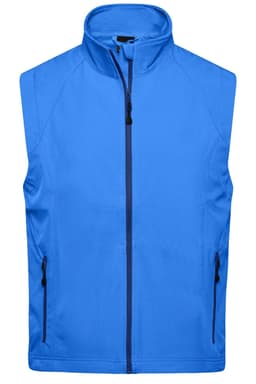 A blue men's softshell vest with a high collar and zippered pockets. It features a logo on the front.