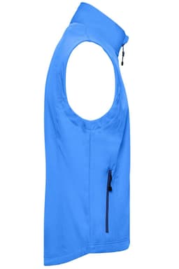A blue men's softshell vest featuring a zippered pocket and a stand-up collar. It has a logo on the front.