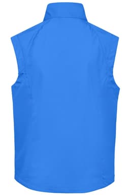 A blue men's softshell vest featuring a high collar and sleeveless design, with a logo on the back.