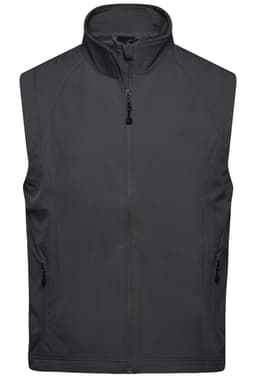 A grey men's softshell vest with a high collar and zippered front, featuring two side pockets.