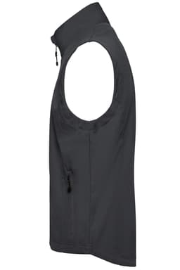 A men's softshell vest in black, featuring a high collar and zippered front pocket. It has a logo on it.