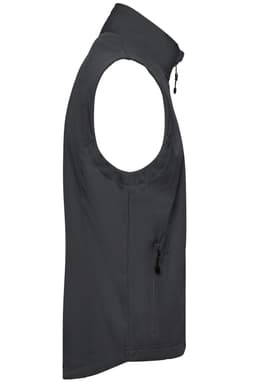 A men's softshell vest in dark grey, featuring a zip pocket and a high collar. It has a branded logo.