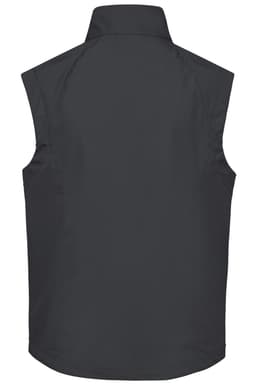 A men's softshell vest in dark grey, featuring a sleek design and a collar, with a subtle logo.