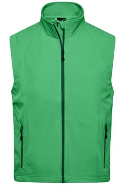A green men's softshell vest with a stand-up collar and zippered pockets. The vest features a branding logo.