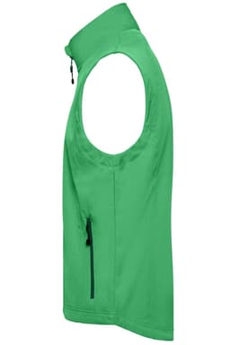 A green men's softshell vest featuring a zippered pocket and a logo.