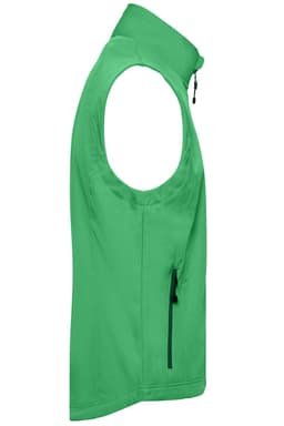 A green men's softshell vest, featuring a zippered pocket and a high collar, shown from the side.
